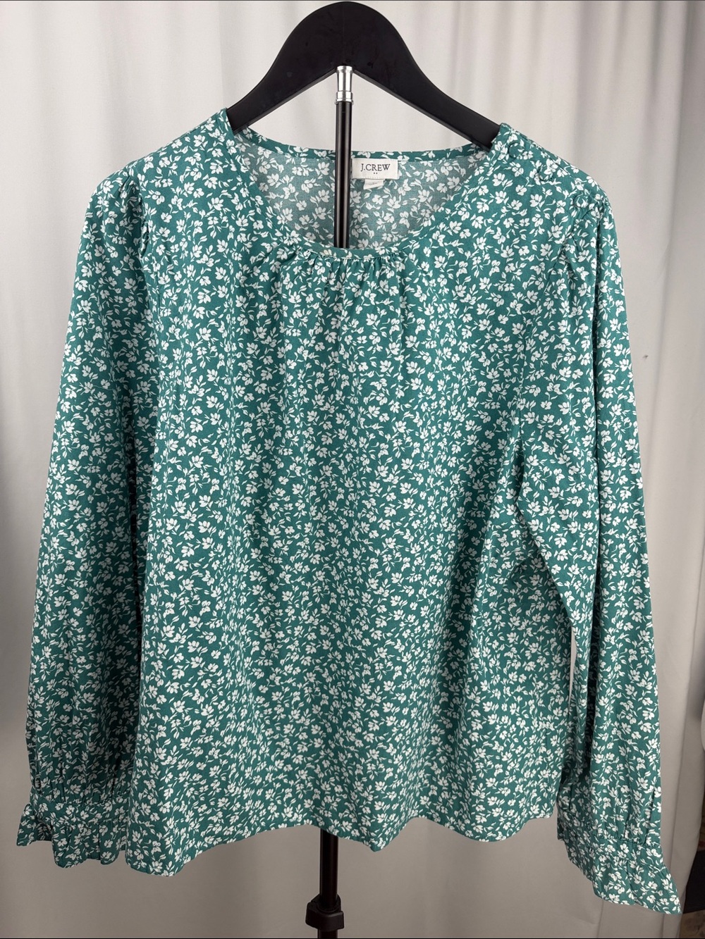J.Crew Green White Floral Square Neck Blouse Long Sleeve Size L